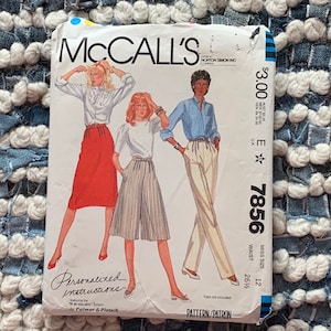 May include: Vintage McCall's sewing pattern envelope for a women's skirt and pants pattern. The pattern is for size 12 with a 26 1/2 inch waist. The envelope features three women wearing the different styles of the pattern. The pattern is called "Personalized Instructions" and features the "It As You Sew" system by Palmer & Pletsch.