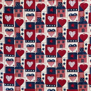 Red, Beige and Blue Patchwork Cotton Fabric, Cheater Quilt, Cheater Cloth
