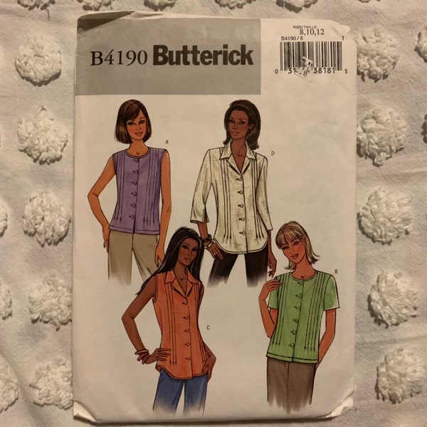 Easy Fitted Blouse Pattern, Button Front, Pin Tucked, Butterick 4190, UNCUT