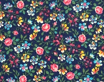 Navy Blue Calico Cotton Fabric: Pink Rose Floral