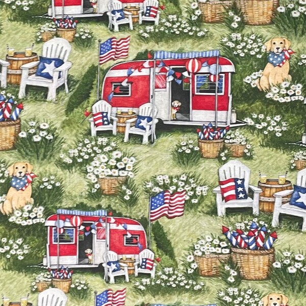 Patriotic Picnic Cotton Fabric, Camper, Country, Dog, USA, Susan Winget,