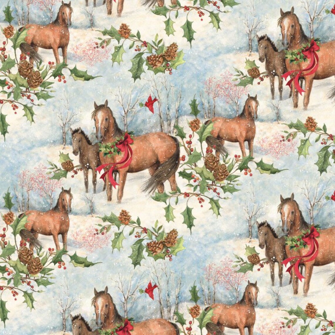 Cotton Christmas Horse Fabric Snow Winter Holly Etsy Canada