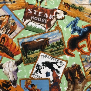 Green Cotton Cowboy Fabric, Cafe, Kitchen, Country Western, Cow, Cattle, Armadillo