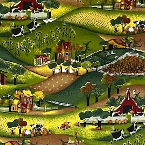 100% Cotton American Homestead Fabric, Thanksgiving, Country Farm, Harvesting, Farmhouse, Fall Foliage, Autumn, Kitschy