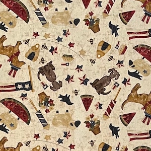 100% Cotton Patriotic Fabric, Watermelon, Flag, Country, Dog, USA, Henry Glass