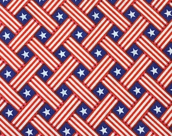 May include: Red, white, and blue fabric with a woven pattern of American flags. The fabric features a repeating pattern of red and white stripes with a blue star in each square.