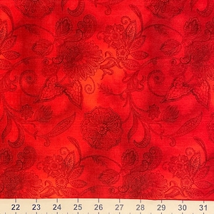 Two Toned Red Cotton Fabric, Red Swirl and Paisley, Hi Fashion Fabrics