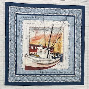Nautical Pillow Panel Cotton Fabric, Fishing Boat, Rowboat