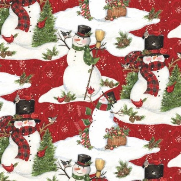 100% Cotton Christmas Snowman Fabric, Red And White