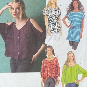 May include: Fashion design image featuring various tops. Includes a dark purple button-down blouse with open shoulders. Other designs are a black and white animal print top, a blue striped top, a red polka dot top, and a green top.