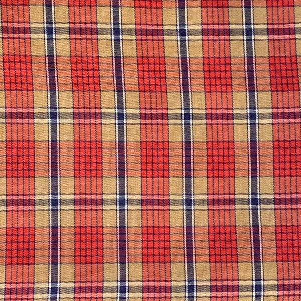 Vintage Red Tan And Blue Plaid Cotton Fabric, Western