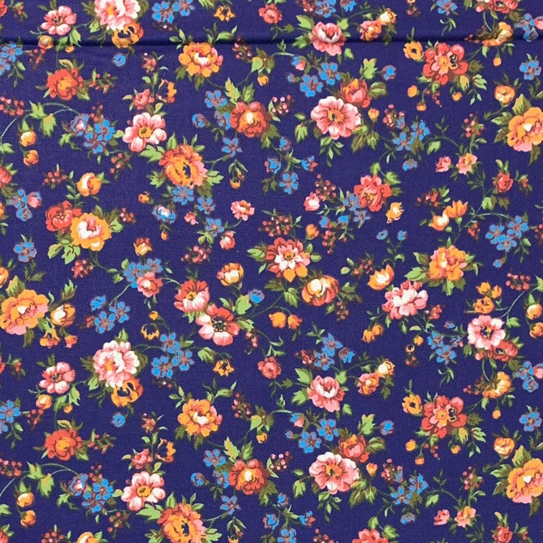 100 Cotton Navy Blue Calico Fabric by the Yard, Floral, Quilting