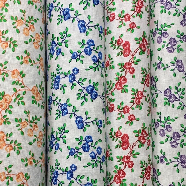100% Cotton Red, Blue or Purple Rose Print Fabric, Small Print Calico, Rosebud, Floral