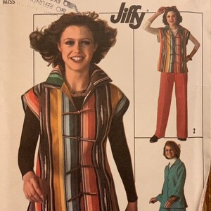 May include: A vintage sewing pattern from Jiffy featuring a sleeveless vest with a colorful striped design and a matching pantsuit. The pattern includes instructions for making a vest with a collar and a button closure, and a pantsuit with a jacket and pants.