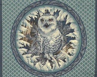Blue Gray and White Wildlife Cotton Fabric Pillow Panel, Owl, Wolf