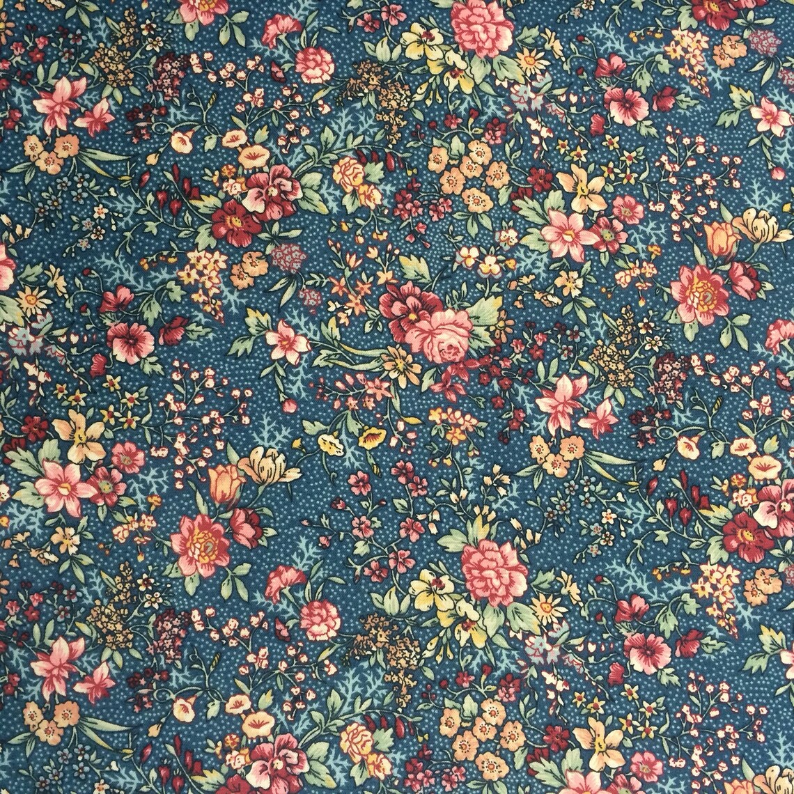 100 Cotton Blue Calico Fabric by the Yard Country Floral Etsy