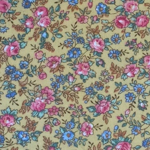 100% Cotton Yellow, Blue and Pink Calico Fabric, Small Print County Floral
