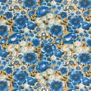 Blue and Brown Calico Cotton Fabric, Floral, Flower Garden