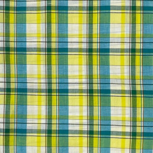 Vintage Blue, Green, Yellow and White Plaid Madras Cotton Fabric