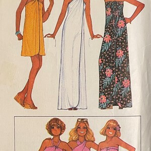 May include: A vintage fashion illustration depicting three women in various dresses: a yellow halter dress, a white draped gown, and a black floral maxi dress. Below, three women are shown in pink swimsuits. The illustration showcases retro clothing styles.