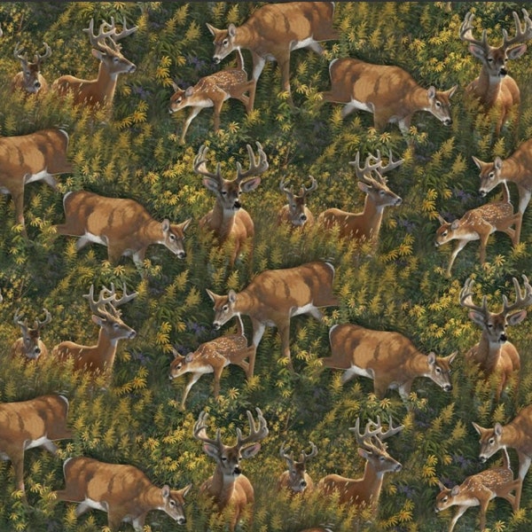 100% Cotton Summer Wildlife Fabric, Deer, Farmhouse, Trees, Digital Print