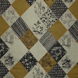 Vintage Gray and Brown Toile Cotton Fabric, Patchwork
