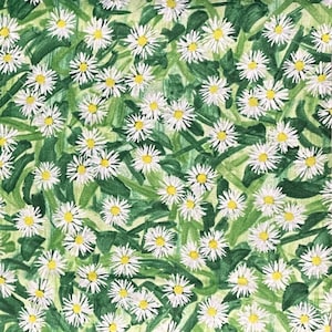 Yellow and White Daisy on Green Floral Cotton Fabric, Calico