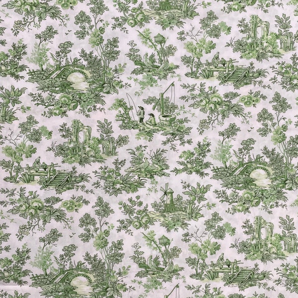 Green and White Country Toile Cotton Fabric, Concord House