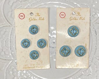 Vintage Baby Blue and Gold Buttons On Original Card, The Golden Rule