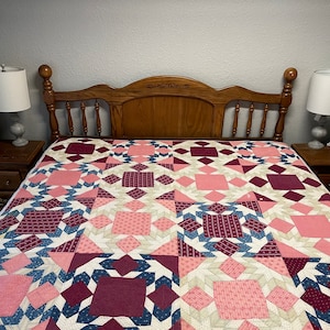 Antique Handmade Quilt, Red, Blue, White and Pink, Hand Pieced, Hand Quilted