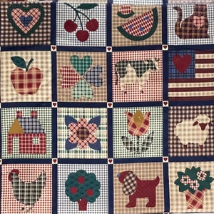 May include: A patchwork quilt featuring a grid of sixteen squares with various fabric patterns. Designs include a heart, cherries, watermelon, cat, apple, clover, cow, flag, house, flower, tulip, sheep, chicken, tree, dog, and a potted plant, separated by navy borders.
