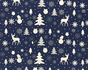 May include: A navy blue fabric with a white repeating pattern of snowflakes, Christmas trees, reindeer, snowmen, and ornaments.