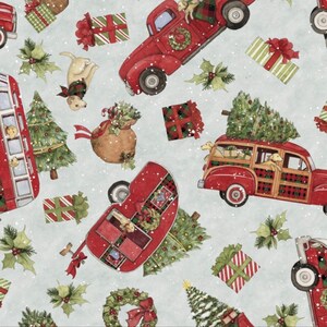 100% Cotton Christmas Tree Farm Fabric, Farmhouse, Old Red Truck, Country, USA, Susan Winget,