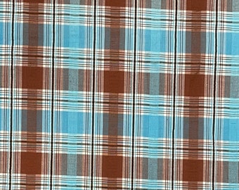 Vintage Blue and Brown Plaid Seersucker Fabric