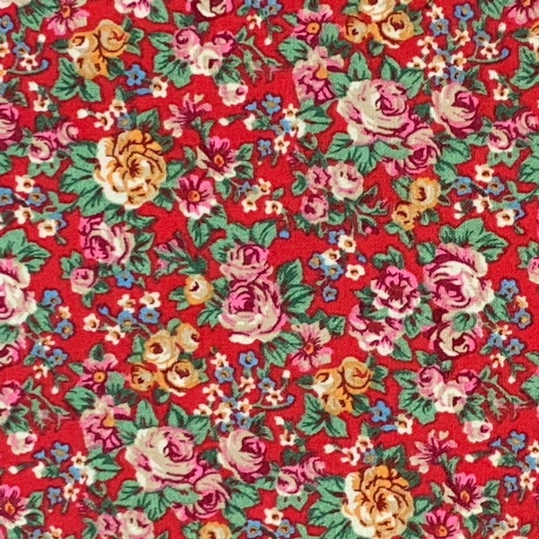 100 % Cotton Red Calico Fabric, Pink And Yellow Rose, County Floral