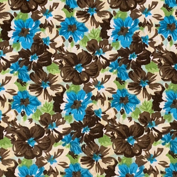 100% Cotton Blue and Brown Calico Fabric By The Yard Flower Garden Floral