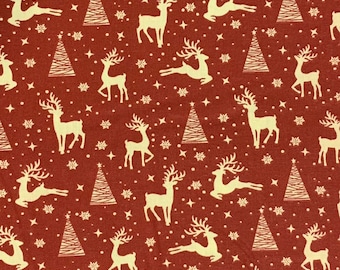 100% Cotton Red and Beige Christmas Fabric, Deer, Reindeer, Wildlife, Winter Wonderland, Christmas Tree
