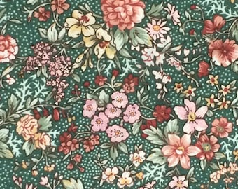 100% Cotton Green And Pink Floral Fabric, Country Floral, Calico