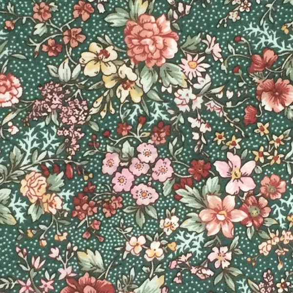 100% Cotton Green And Pink Floral Fabric, Country Floral, Calico