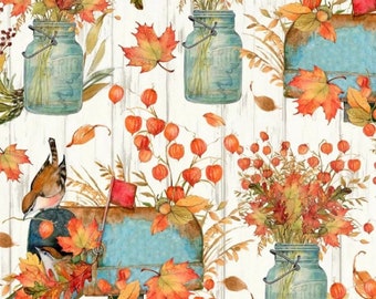 Orange and Blue Floral and Bird Fabric