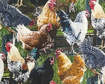 Chicken Cotton Fabric, Rooster, Cafe, Barnyard, Farm, Kitchen, Kitsch, Curtains