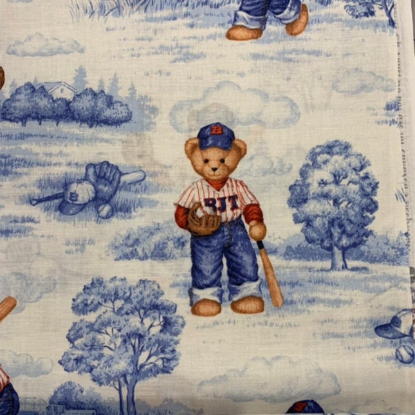 100% Cotton Teddy Bear Toile Baseball Fabric, Youth Sports, Patriotic, Baseball, Nursery, Softball, Kids