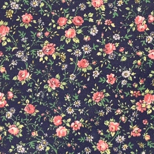 Navy Blue Calico Cotton Fabric, Pink Rose, County Floral