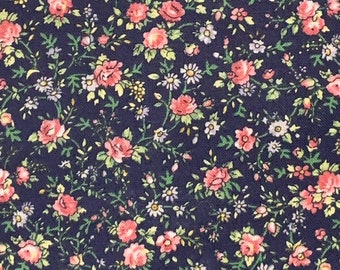 Navy Blue Calico Cotton Fabric, Pink Rose, County Floral