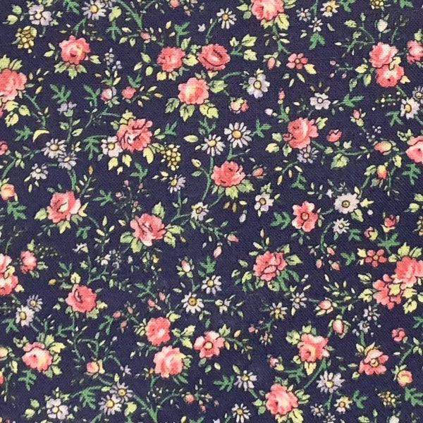 100 Percent Cotton Navy Blue Calico Fabric By The Yard, Pink Rose, County Floral