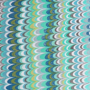 May include: Abstract pattern fabric with a wavy, flowing design in shades of blue, green, white, and gray.