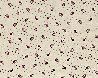 Tela de algodón calico beige y roja, estampado floral, reimpresión del siglo XIX.