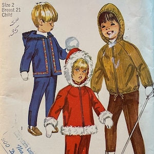 May include: A vintage sewing pattern for children's jackets. The pattern includes three different styles: a blue jacket with a white trim, a brown corduroy jacket, and a red jacket with a white fur trim. The pattern is for size 2, breast 21 inches, child.