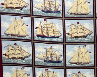 Nautical Ship Cotton Pillow Print Fabric, Sailboat, Long Boat, Clipper Ship