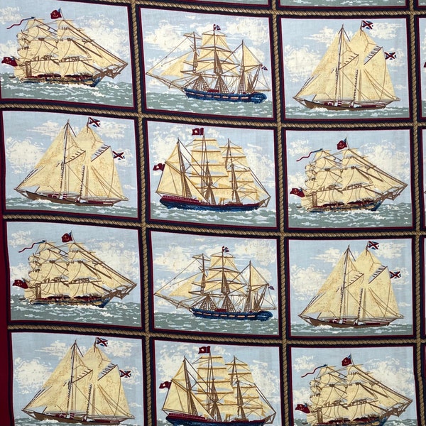 Nautical Ship Cotton Pillow Print Fabric, Sailboat, Long Boat, Clipper Ship